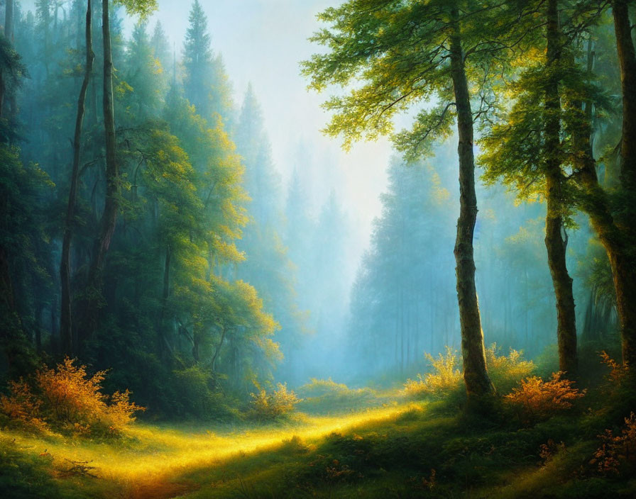 Misty forest with sunlight filtering through tall green trees