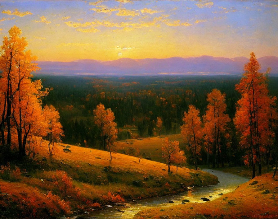 Golden-orange trees, meandering river, distant mountains in warm autumn landscape