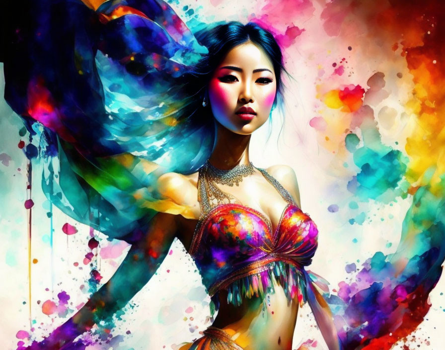 Colorful digital artwork: Woman with flowing elements on paint splash background