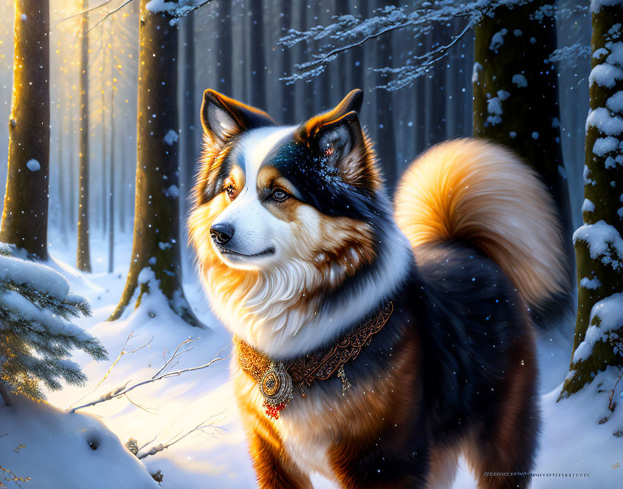 Majestic dog with thick fur in snowy forest landscape