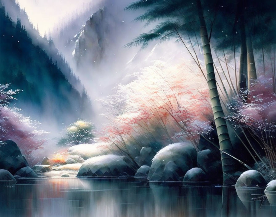 Tranquil river scene with misty mountains and bamboo