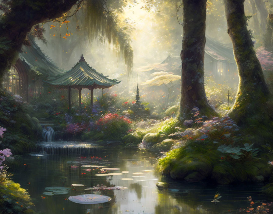 Tranquil pond, traditional pavilions, waterfalls in enchanted forest scene