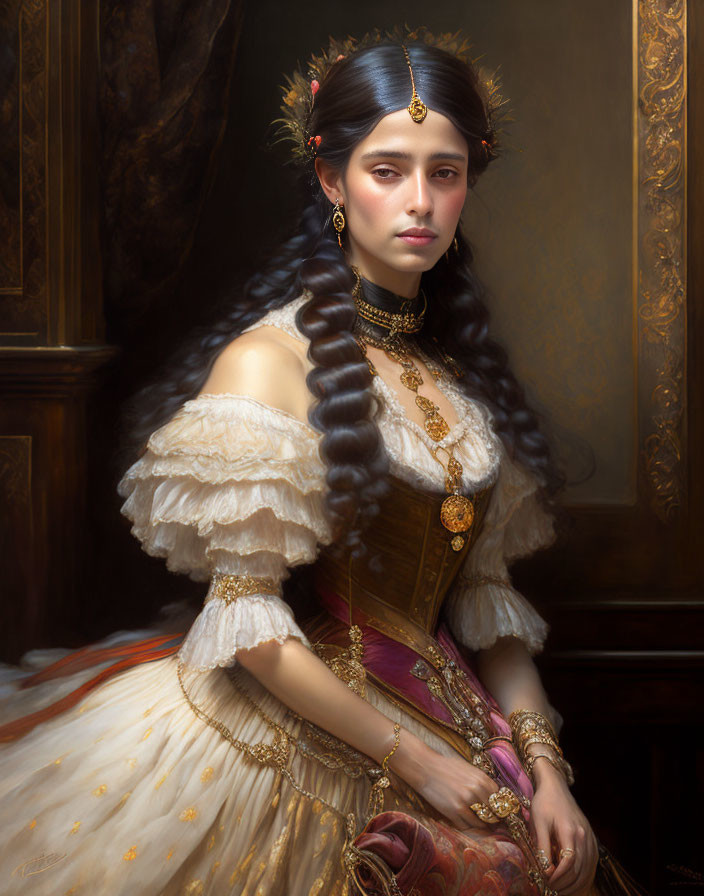 Portrait of Woman in Crown and Elegant Attire on Dark Wood Panel