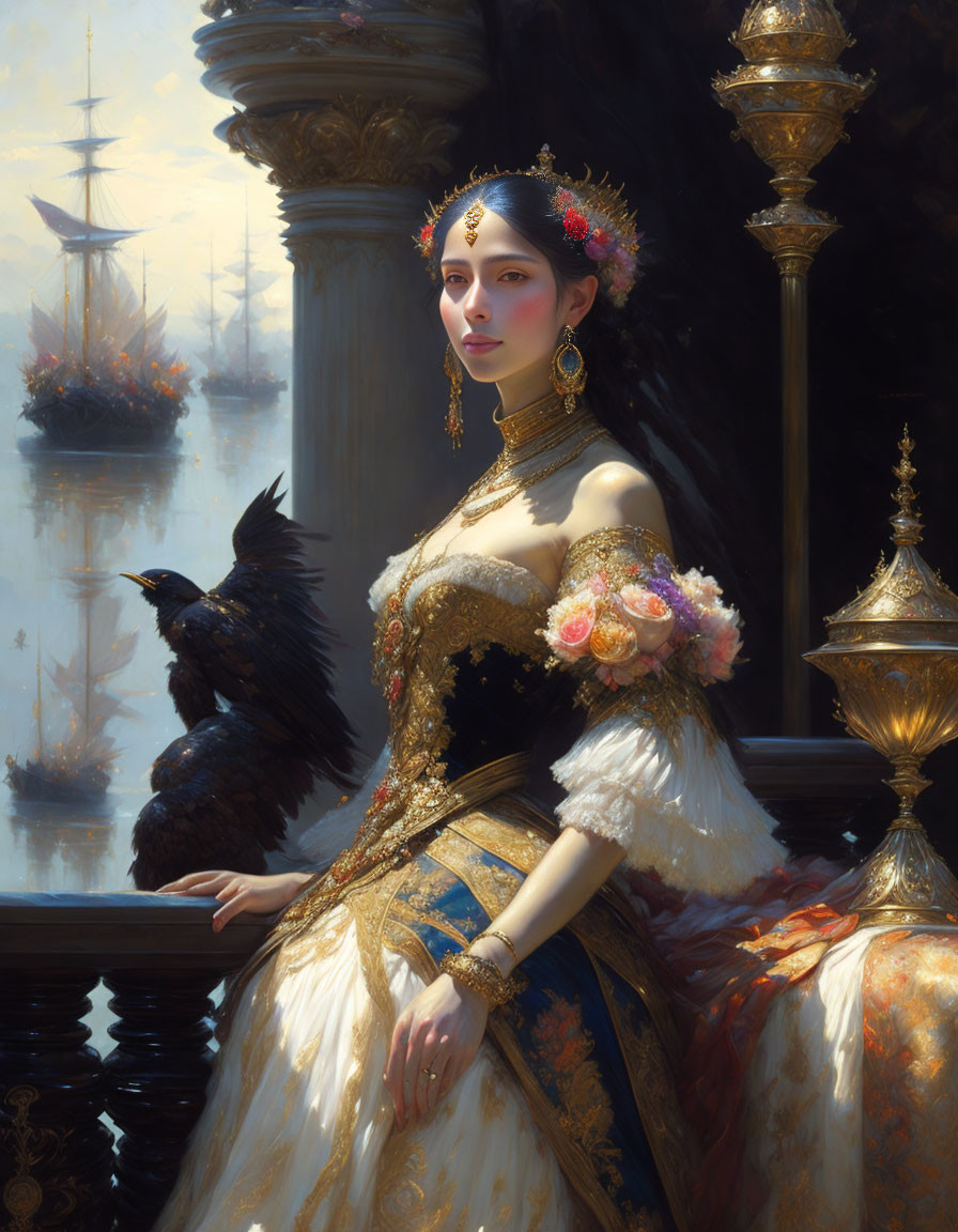 Regal woman in golden gown with raven against ship backdrop
