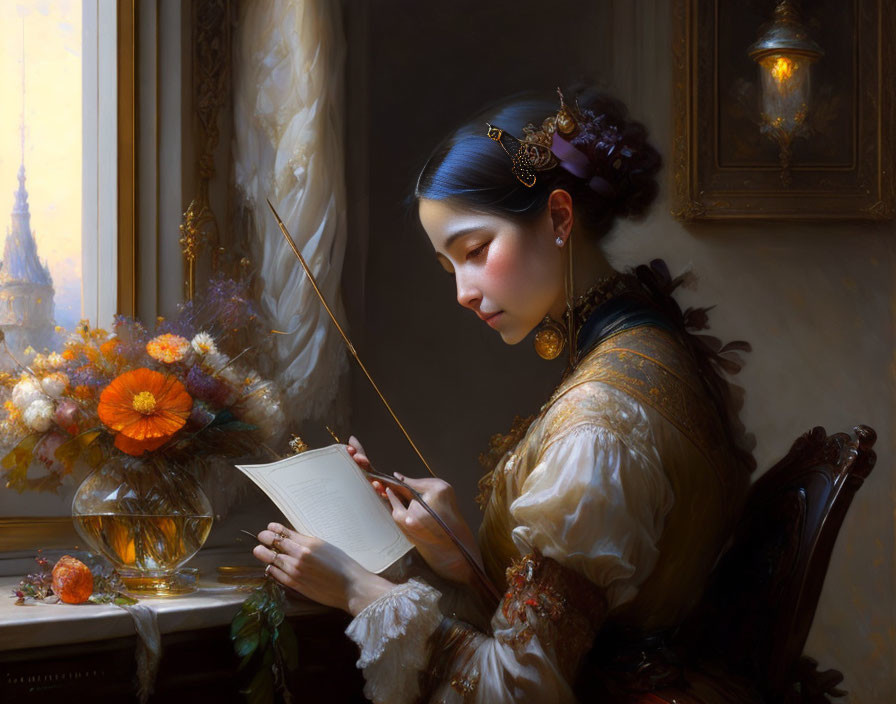 Vintage-dressed woman reading a letter by a sunny window with flowers