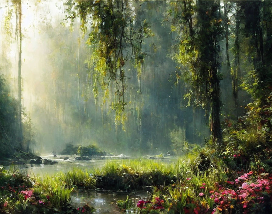 Tranquil forest scene with mist, mossy trees, stream, and vibrant flowers