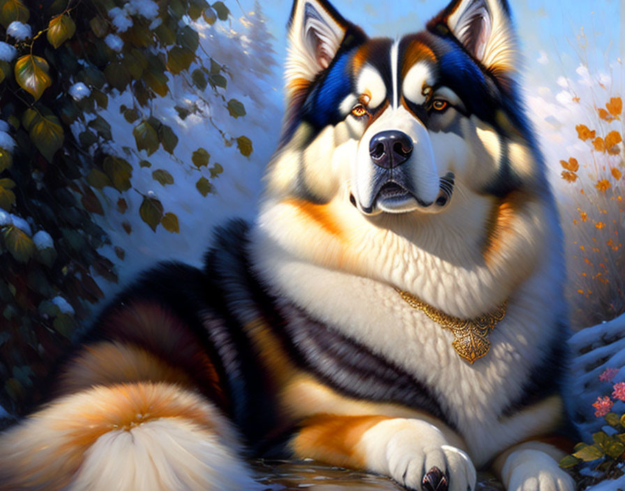 Multicolored dog with blue eyes and necklace in snowy autumn scene