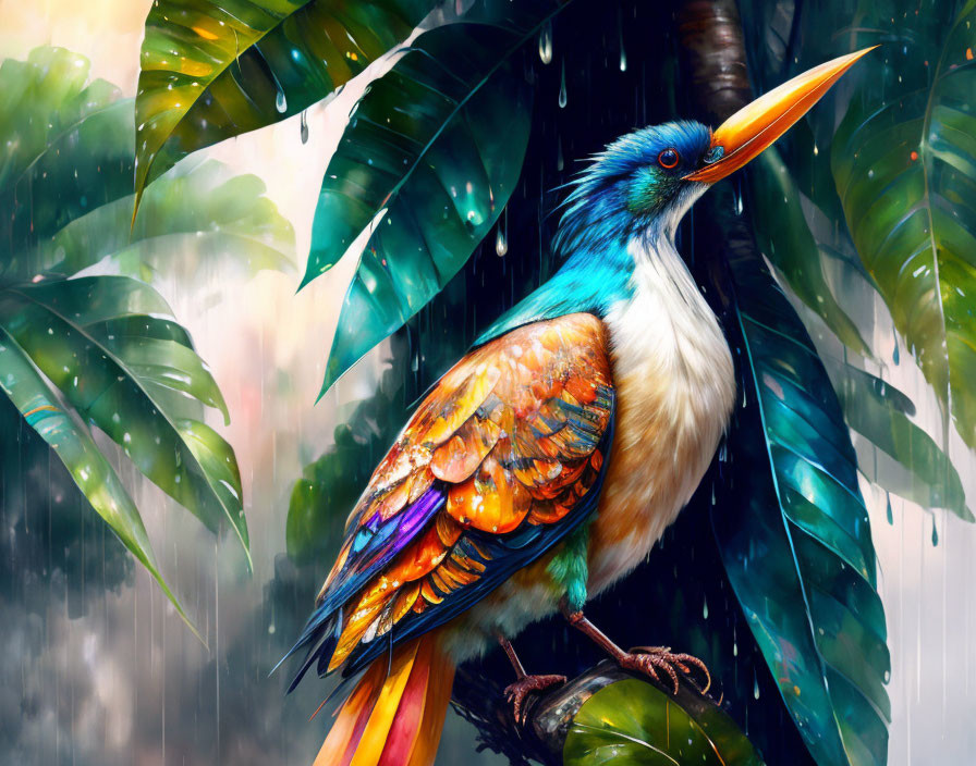 Colorful bird with long beak perched on rain-drenched branch.