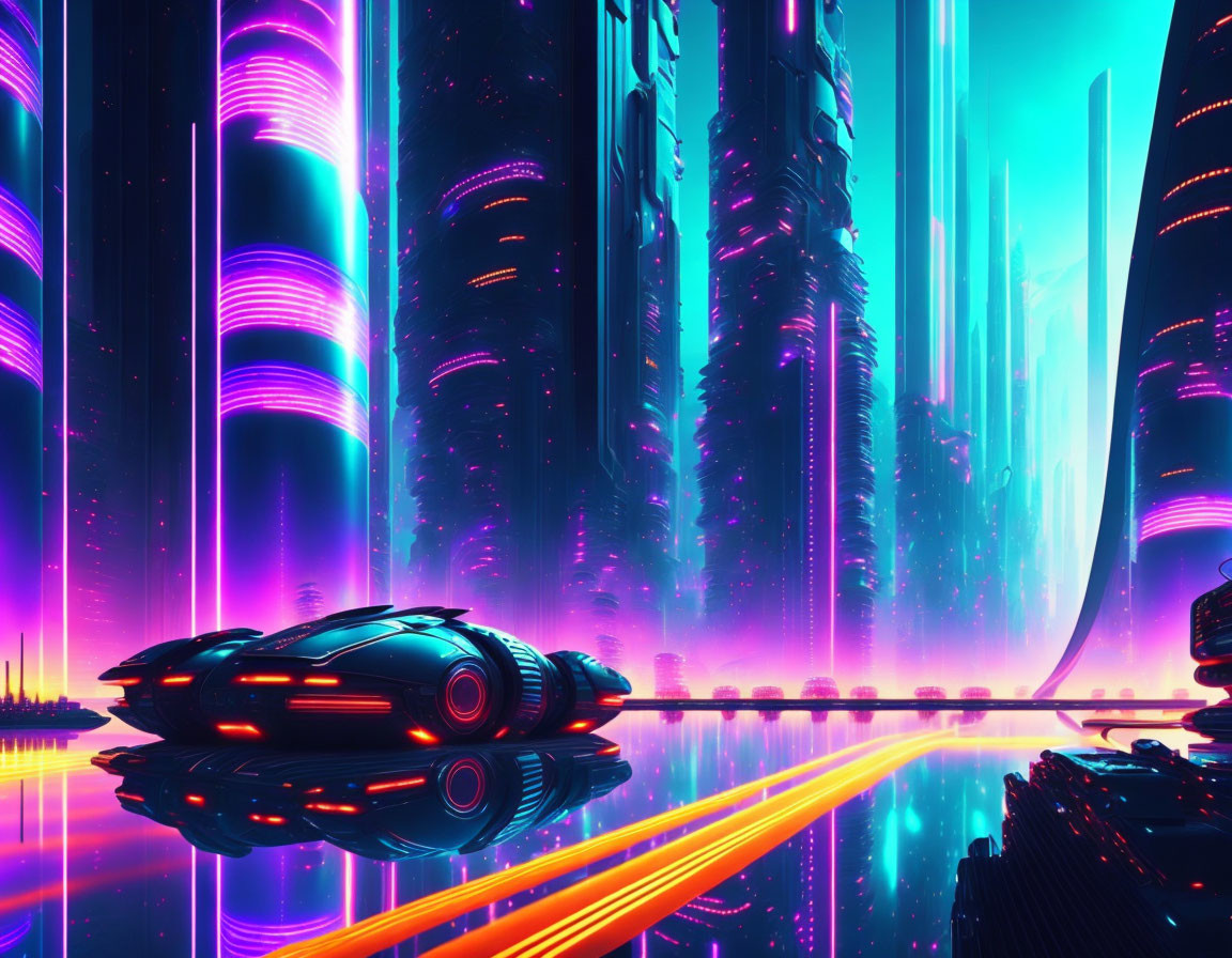 Neon-lit skyscrapers and hover car in futuristic cityscape