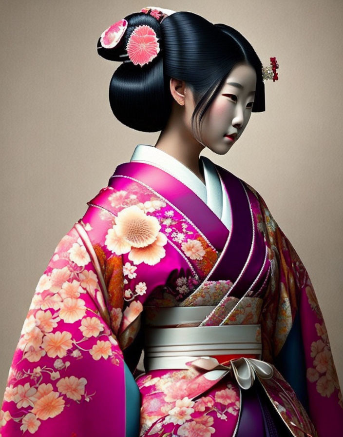 Colorful Kimono with Floral Patterns and Obi Sash in Traditional Japanese Attire