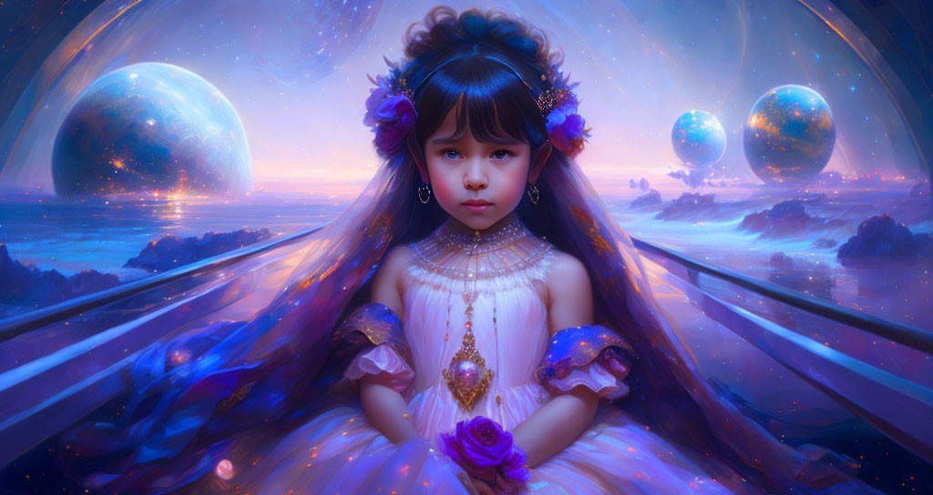 Young girl in floral dress against cosmic backdrop