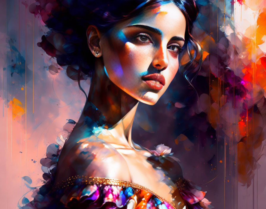 Vibrant digital portrait of a woman with colorful paint splashes