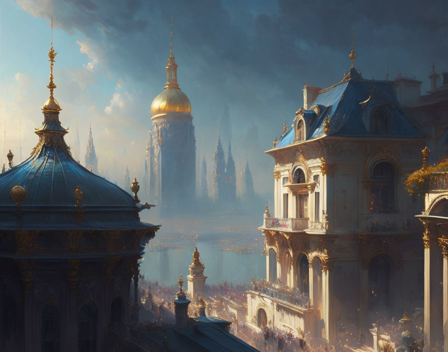 Ethereal cityscape with golden-domed buildings and dramatic cloudy sky