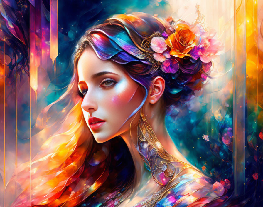 Colorful digital art: Woman with multicolored hair and floral crown in cosmic backdrop