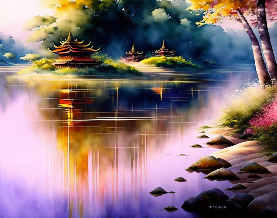 Serene Asian Landscape with Traditional Buildings and Water Reflections