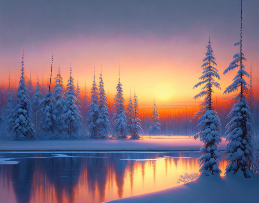 Snow-covered trees, frozen river, warm sunset - Tranquil Winter Scene