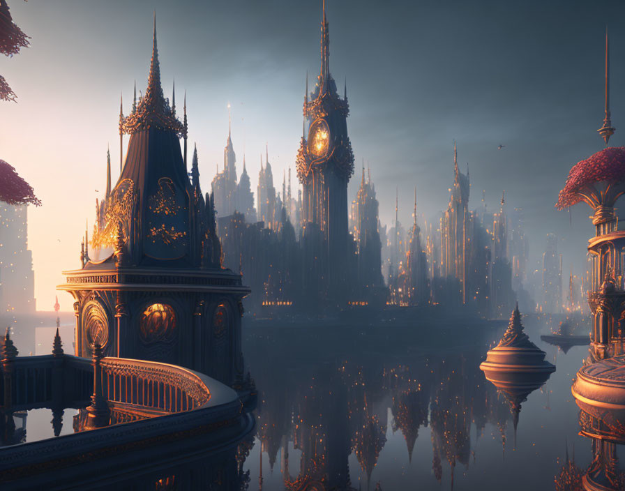 Fantasy cityscape with gothic spires and central clock reflected on water