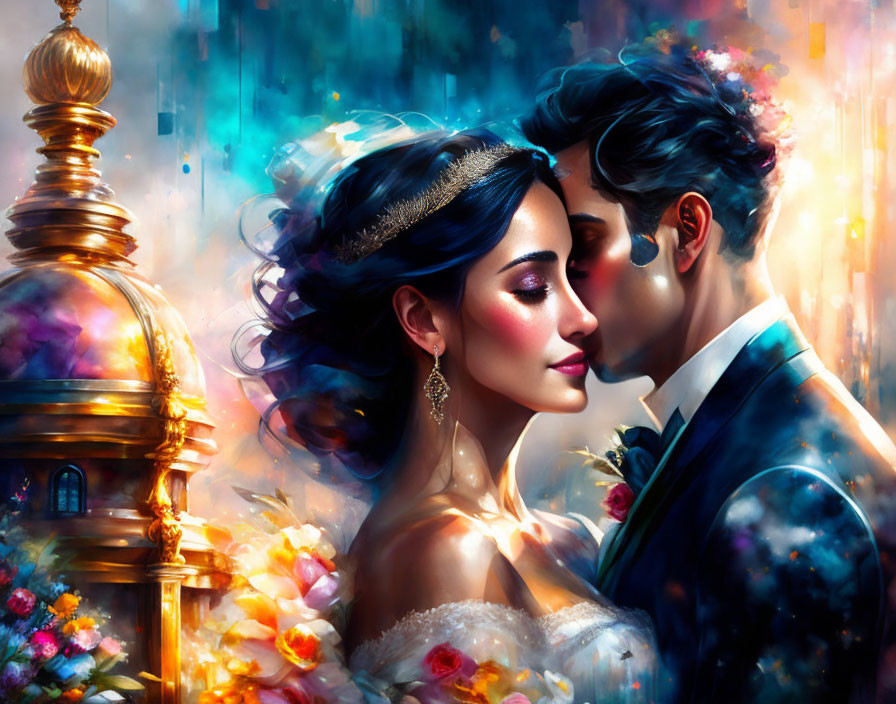 Formal Attired Couple in Dreamlike Setting with Vibrant Colors