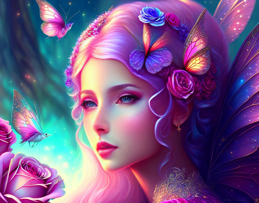 Fantasy illustration of woman with purple hair, butterfly wings, flowers, and butterflies