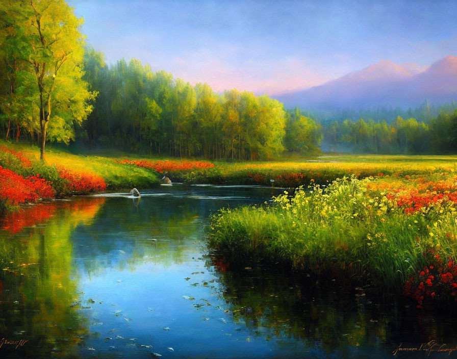 Tranquil landscape with river, trees, wildflowers, and mountains