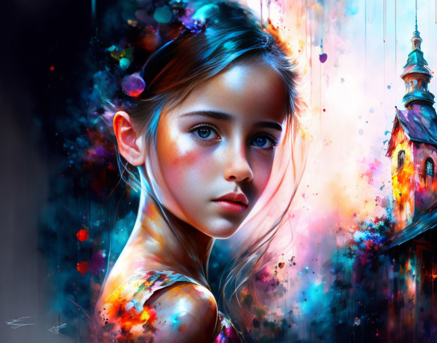 Colorful digital artwork of young girl with striking eyes and paint splashes in front of church