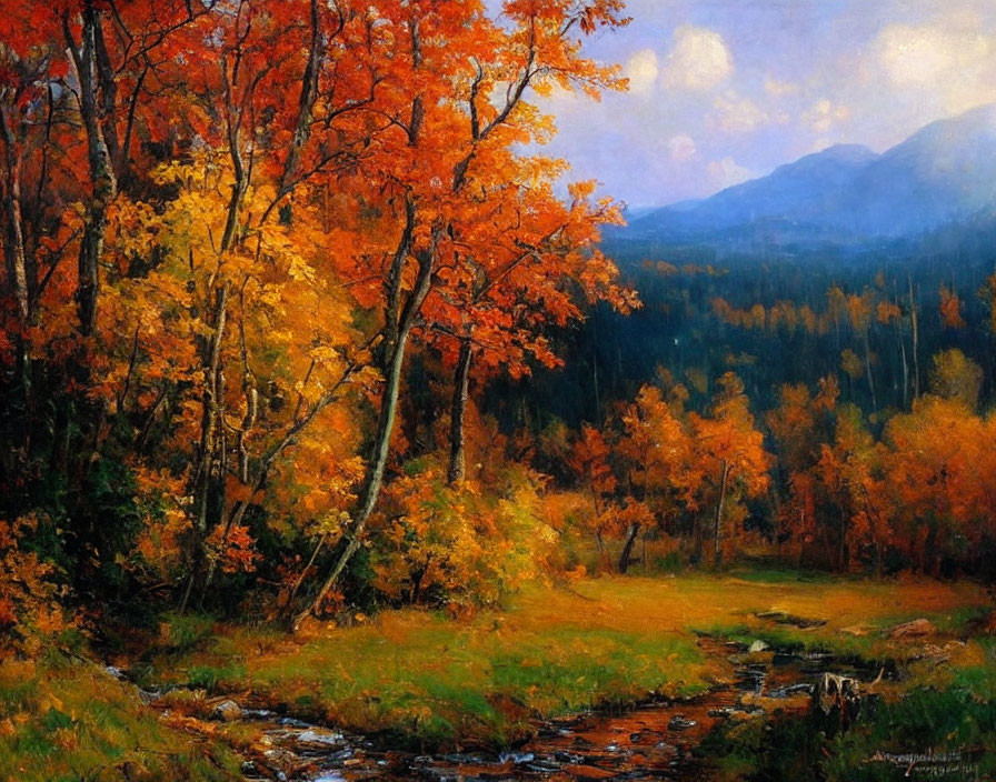 Autumn landscape painting with vibrant foliage, meandering stream, mountains, and hazy sky.