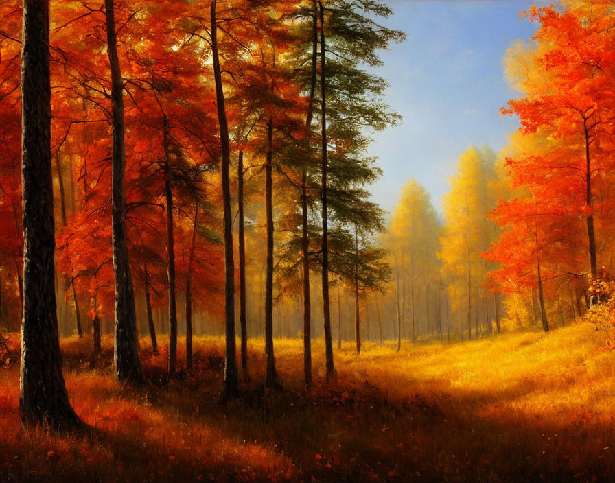 Tranquil Autumn Forest with Golden Grass and Vibrant Leaves