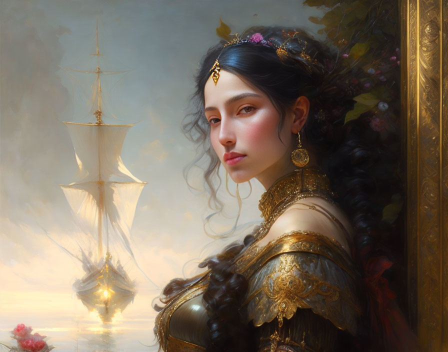 Woman adorned with gold jewelry, ship sailing in cloudy backdrop