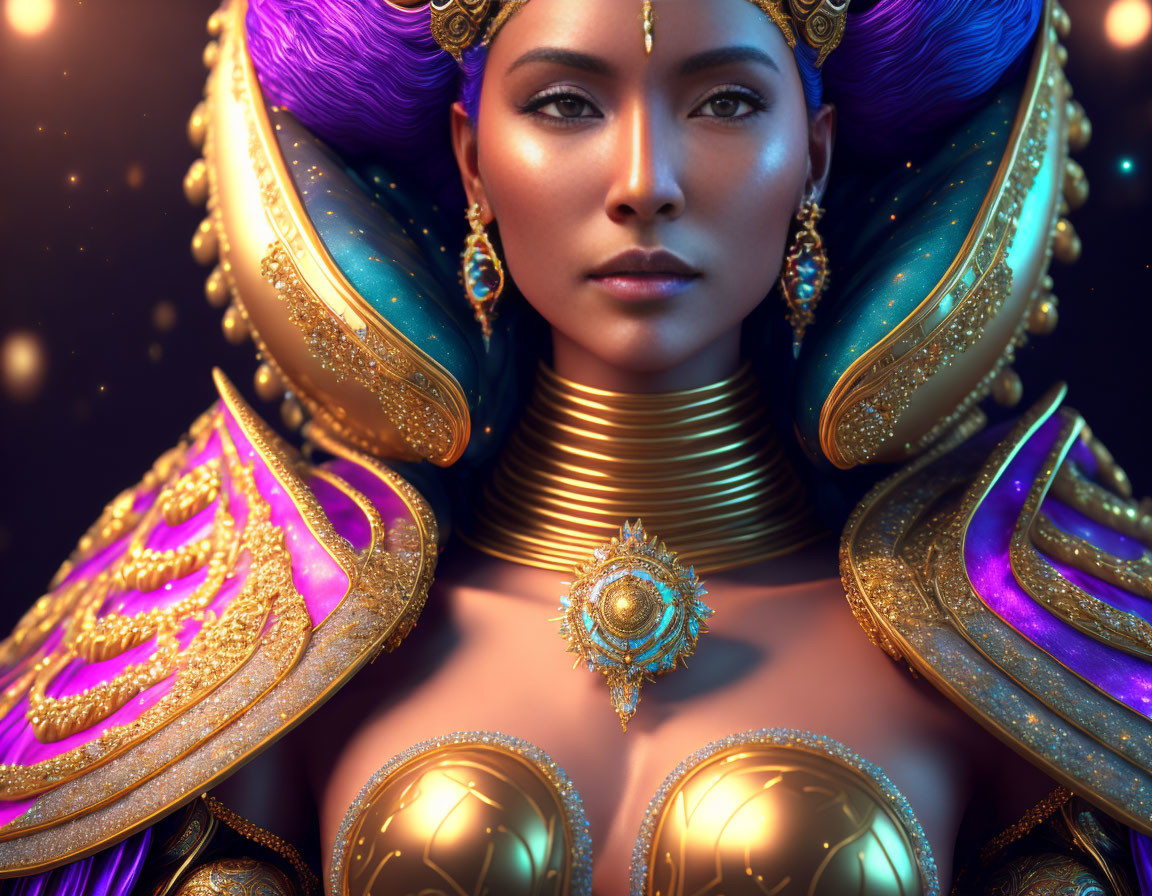 Digital portrait of woman in golden armor with purple accents against dark background