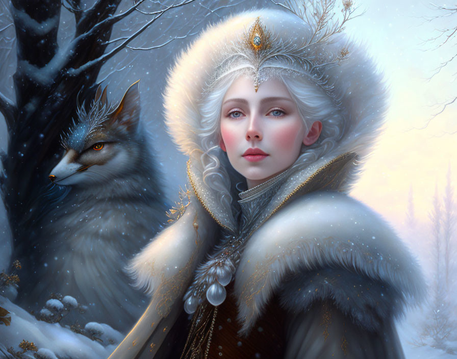 Luxurious fur coat woman with wolf in snowy landscape