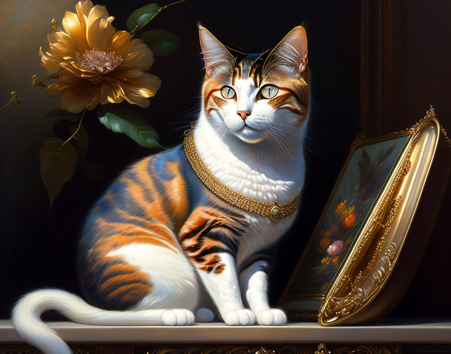 Majestic cat with pearl necklace near ornate mirror and blooming flower