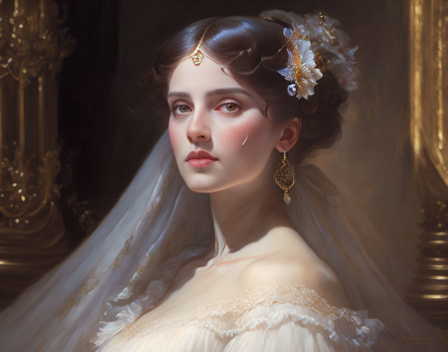 Portrait of woman with tear, elegant jewelry, bridal veil in warm lit backdrop