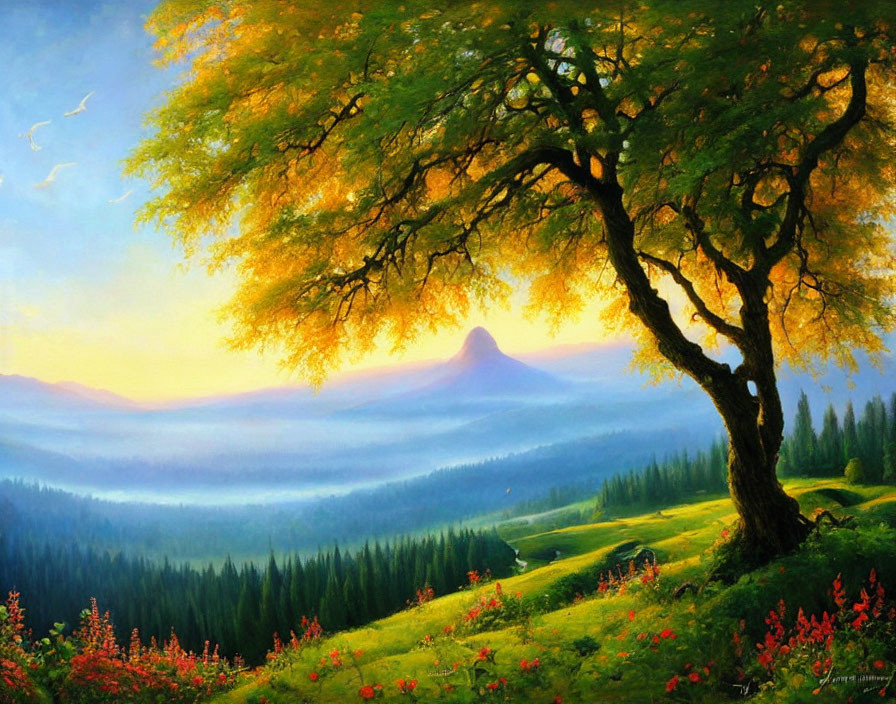 Vibrant landscape painting with golden tree, meadow, mountains, and sunlit sky