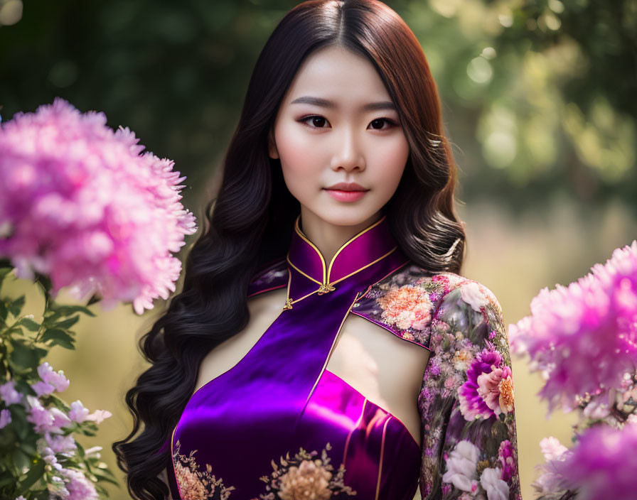 Woman in Floral Purple Traditional Dress Among Vibrant Pink Flowers