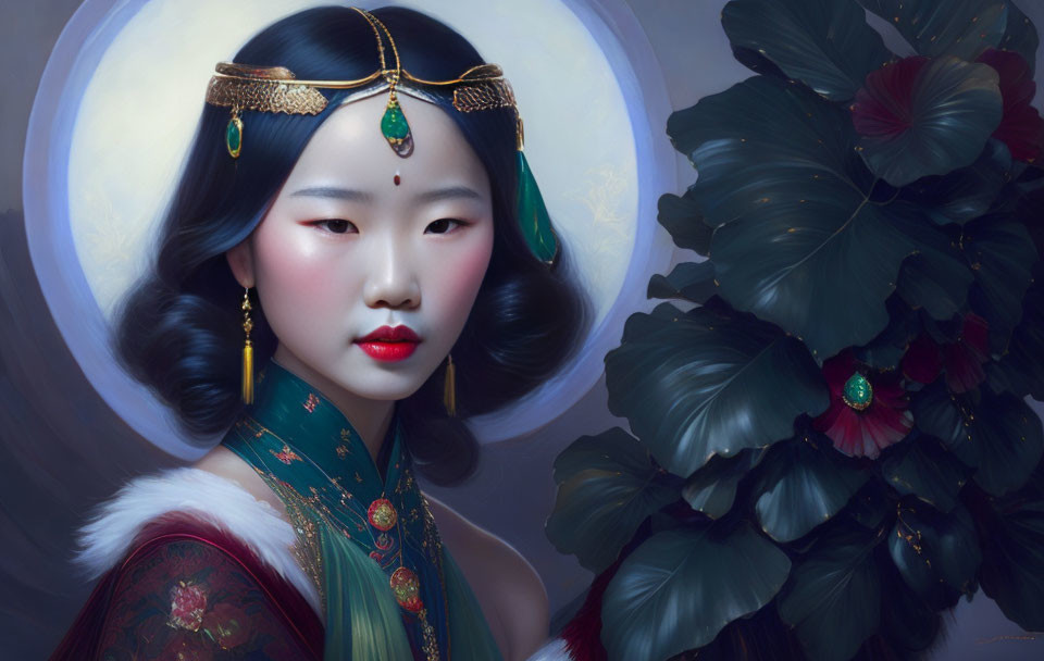 East Asian Woman in Traditional Attire with Green Foliage Background