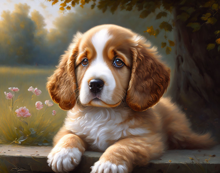 Realistic painting of brown and white puppy in floral setting