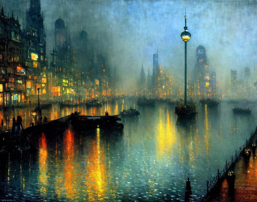 Cityscape at Night: Misty Ambiance, Glowing Lights, Docked Boats