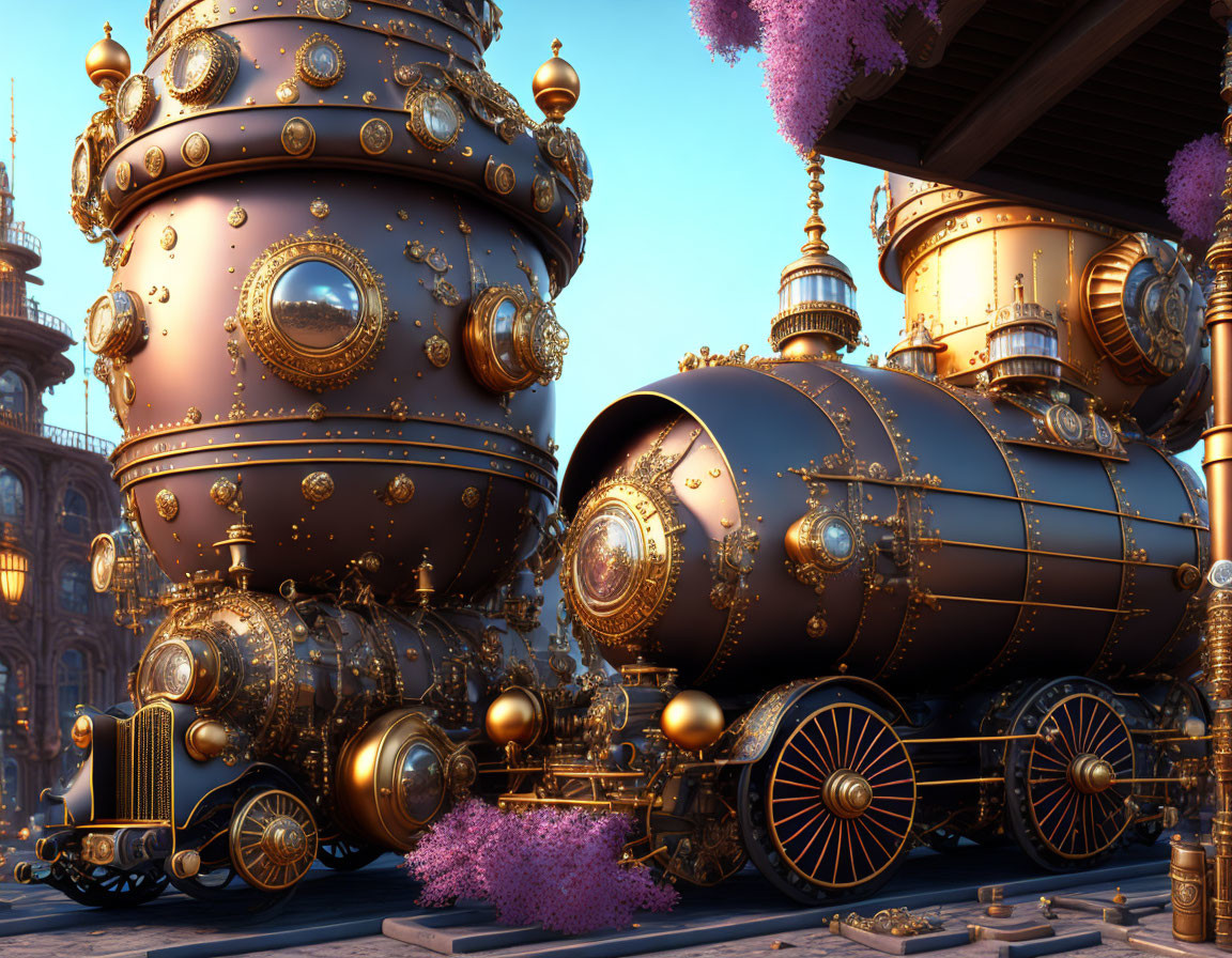 Golden Steampunk Locomotive at Victorian Station