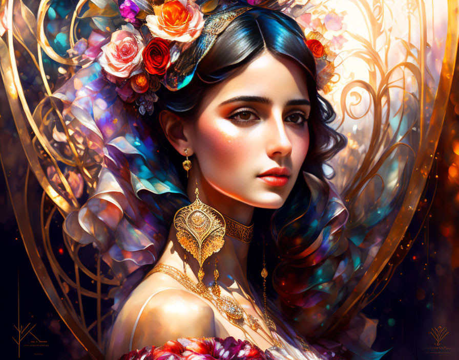 Dark-haired woman with floral headpiece and gold jewelry in vibrant digital art.