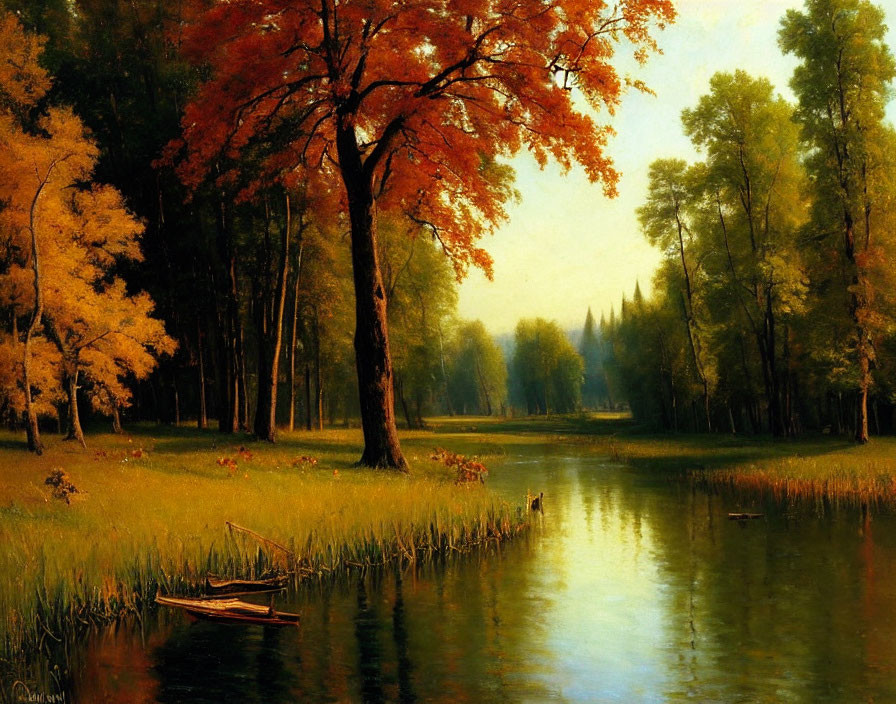 Tranquil autumn landscape with vibrant trees, calm lake, boat, and soft sunlight.