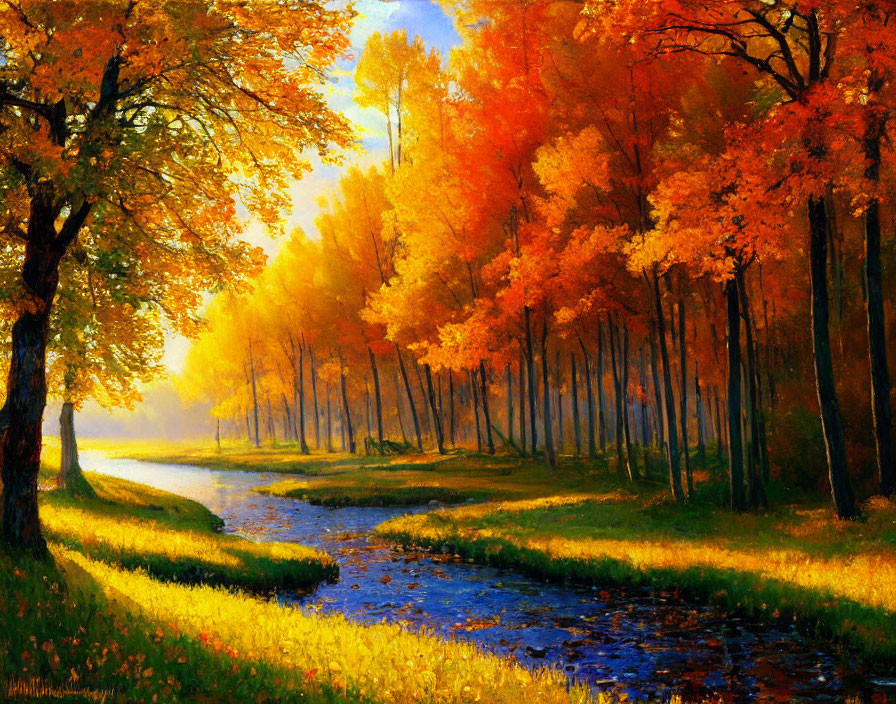 Serene autumn landscape with golden foliage, winding river, and warm sunlight.