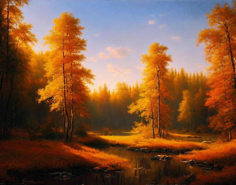 Tranquil Autumn Forest with Golden Trees and Stream