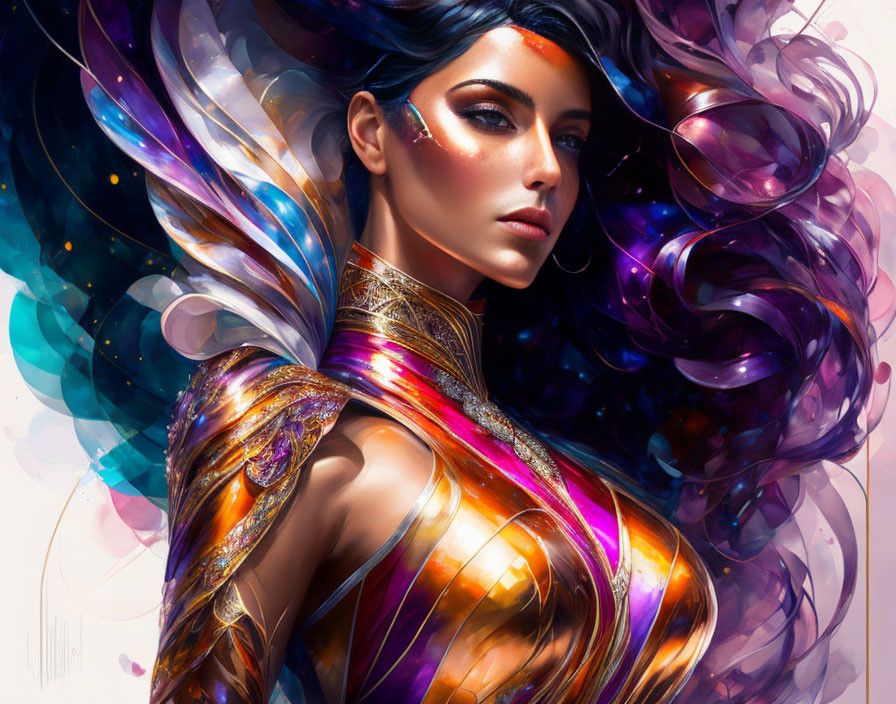 Vibrant digital artwork: woman with multicolored hair & golden armor