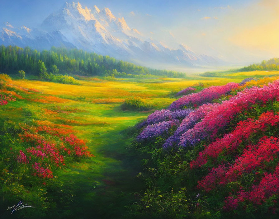 Colorful Flower Meadow with Path, Snow-Capped Mountains, and Soft Sky