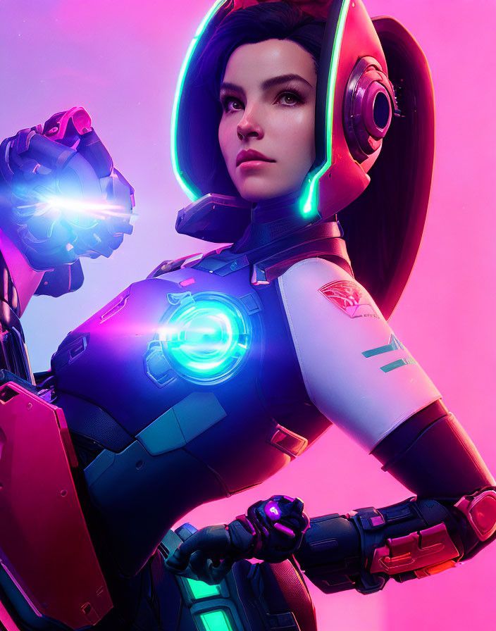 Futuristic female character with glowing armor and mechanical arm on pink background