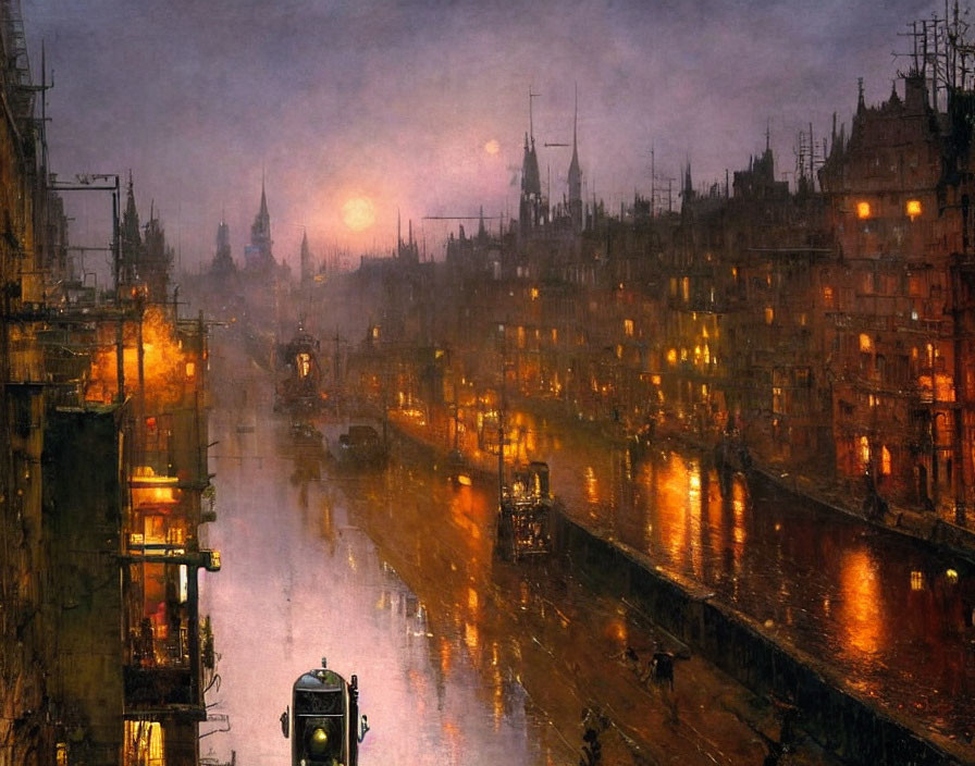 Vintage-style painting of a city street at dusk with cars, streetlights, and misty buildings.