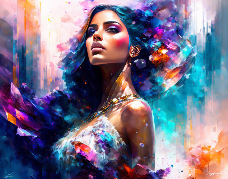 Colorful digital portrait of a woman with blue eyes and abstract brush strokes.