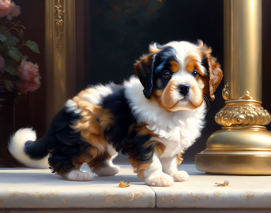 Fluffy tricolor puppy on marble with golden bell and pink flowers