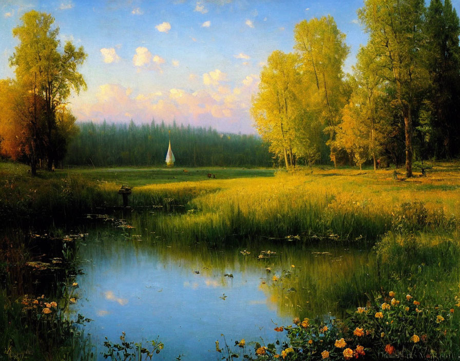 Tranquil landscape with meadow, pond, autumn trees, sailboat, and cloudy sky