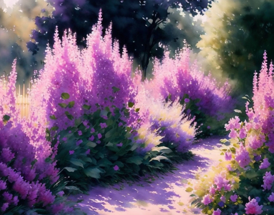 Tranquil Garden Path with Vibrant Purple Flowers